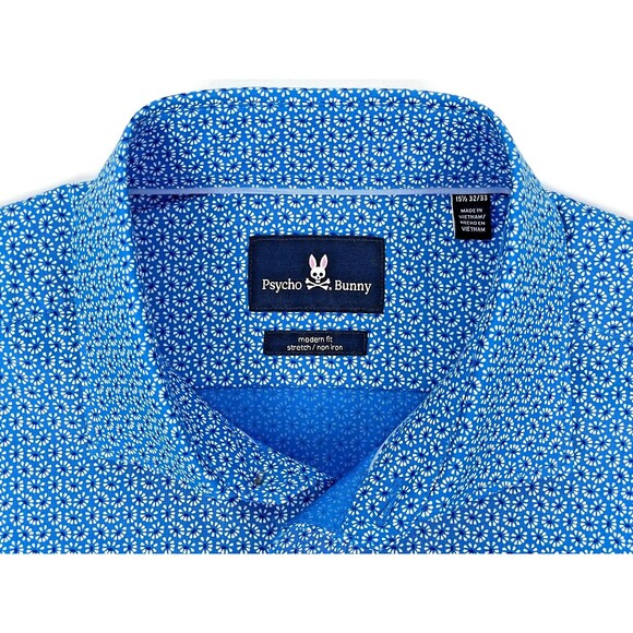 NWT Psycho Bunny Modern Fit Non-Iron Stretch Dress Shirt Floral Blue 15.5 32/33 - Picture 3 of 6